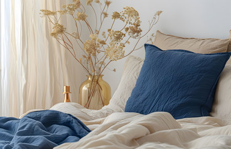 minimalistic bedroom with linen bedding in neutral tonesの素材