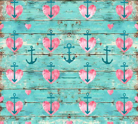 pattern of small heart-shaped nails with rabbit and anchor symbols on turquoise woodの素材