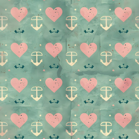 pattern of small heart-shaped nails with rabbit and anchor symbols on turquoise woodの素材