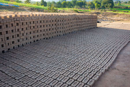 Hand made bricks from wet clay and mud are kept for drying before the burning process. Traditional...