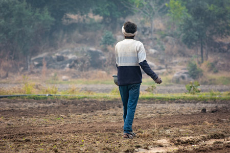 TIKAMGARH, MADHYA PRADESH, INDIA - MAY 14, 2022: Farmer spreading wheat seeds with her hands in the field.のeditorial素材