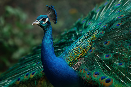 Male peacock displaying full plumage in gardenの素材