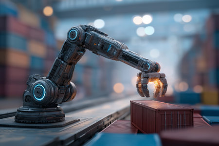 A futuristic robotic arm placing cargo containers on a digital scale. Concept of automated tariff evaluationの素材