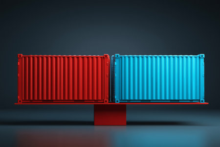 Large scale balancing a red cargo container and a blue container. Symbolizing domestic vs foreign trade under tariffsの素材
