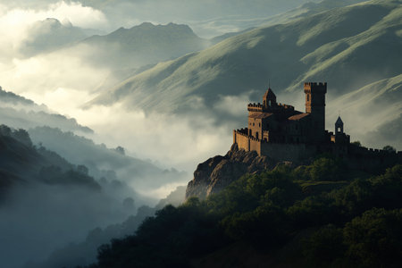 Misty Morning View of Medieval Castleの素材