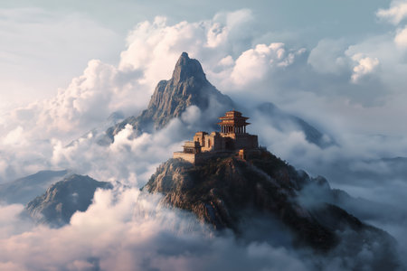 Mystical mountain temple surrounded by clouds, high peak, ancient architectureの素材