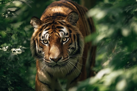 Powerful bengal tiger walking through dense green forestの素材