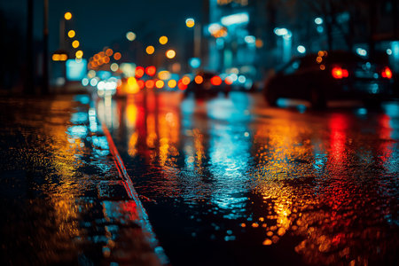 Rainy city street with reflections from colorful lightsの素材