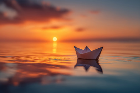 Paper boat floating on calm water at sunset. Metaphor for journey and hopeの素材