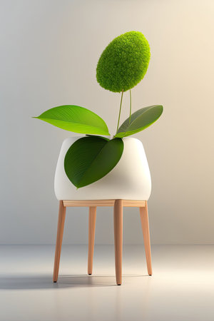 3d render of green plant in white vase on wooden chairの素材