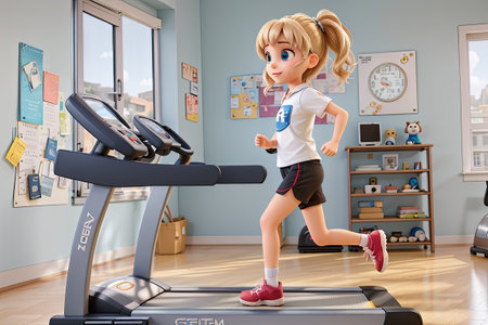 Cute little girl running on a treadmill in a gym. 3d renderingの素材