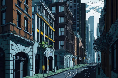 City street with buildings and street lamps in the style of a digital drawingの素材
