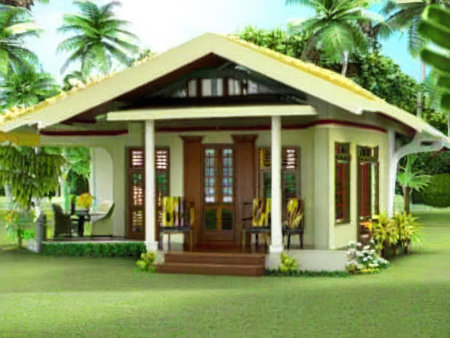 House in the garden with palm trees and green grass. Blurred background.の素材