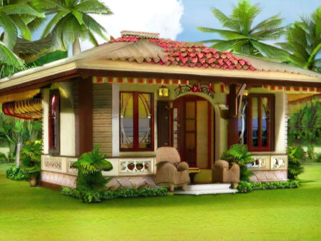 House in the tropics with palm trees and plants. 3D renderingの素材