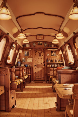 Interior of a cruise ship with vintage wooden furniture. Toned.の素材