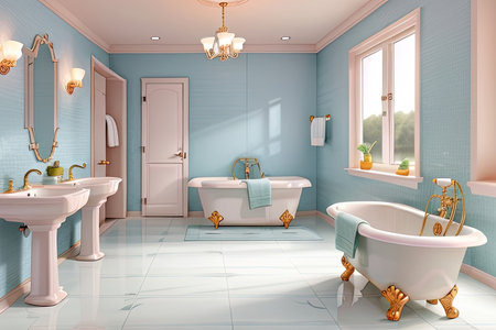 Bathroom with blue walls and tiled floor. 3d rendering.の素材