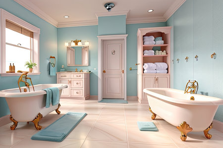 Bathroom in pastel colors. 3D rendering. Bathroom interior.の素材