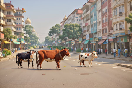 Cows on the street in the city of Jaipur, Rajasthan, Indiaの素材