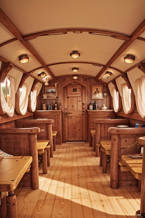 Interior of a wooden yacht cabin. Wooden chairs, tables and chairs.の素材