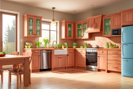Kitchen interior. 3d render. Wooden furniture. Furniture.の素材