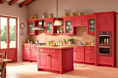Kitchen interior with red cabinets and wooden floor. 3d renderingの素材