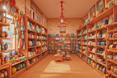 Souvenir shop interior with wooden shelves and different products.の素材