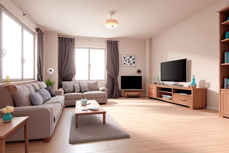 Interior of living room with sofa and tv. 3d renderの素材