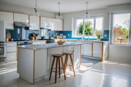interior of new modern kitchen with white furniture and wooden chairs. Nobody insideの素材