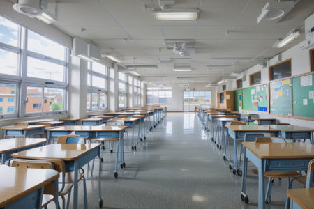 Interior of a school classroom with desks and chairs in a rowの素材
