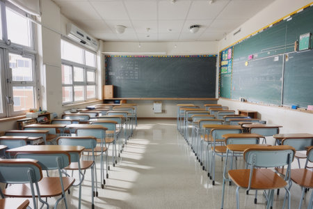 Interior of a classroom with empty chairs and blackboard in a schoolの素材