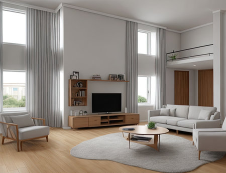 Modern living room interior design with white sofa, tv and armchair. 3d renderの素材