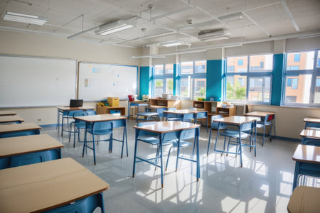 Interior of empty classroom with tables and chairs in school. Nobody insideの素材