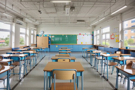 Interior of a school classroom with desks and chairs, nobody insideの素材