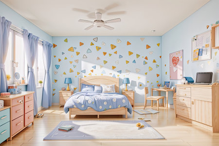 Interior of children's room with blue walls and wooden furniture. 3d rendering.の素材
