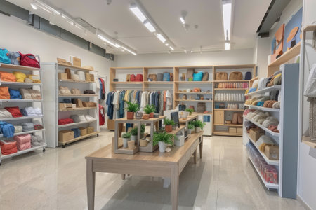 Interior of a modern clothing store with shelves full of clothes.の素材