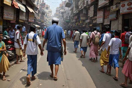 people walk along the street in Kolkata, West Bengal, India. Kolkata is the capital and largest city of the Indian state of West Bengal.の素材