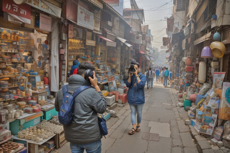 View of unknowns Nepali people walking in Thamel street in Kathmandu in the afternoonの素材