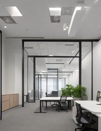 Interior of a modern office with glass walls and floor. Nobody insideの素材