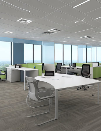 modern office interior 3d rendering image.There are computers on the tableの素材