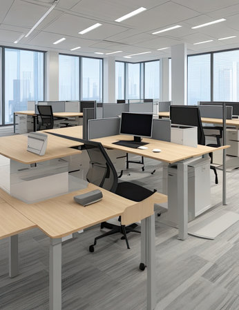 Modern office interior with computers and city view. 3D Renderingの素材