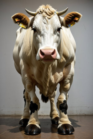 White cow with a black stripe on the body and white background.の素材