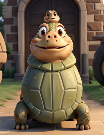 3D Illustration of a Tortoise with a happy expression on his faceの素材