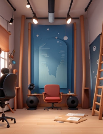 Interior of modern office with blue walls and wooden floor, 3d renderの素材
