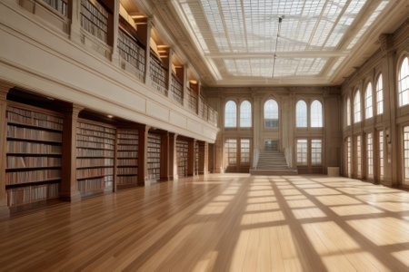 Library interior with bookshelves and wooden floor. 3d renderの素材