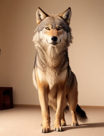 Portrait of a grey wolf standing in front of a brown backgroundの素材