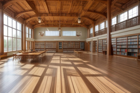 Interior of a library with a wooden floor and a wooden ceilingの素材
