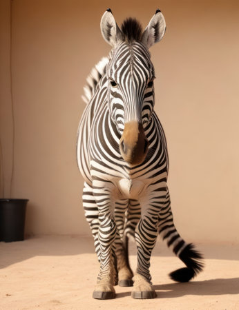 Zebra standing on the sand and looking at the camera in the zooの素材