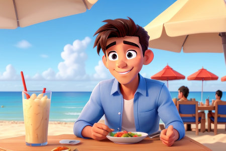 3D illustration of a young man having a meal at the beachの素材
