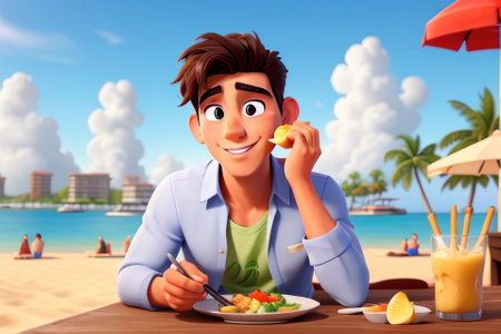 Young man eating salad on a tropical beach. 3d rendering.の素材