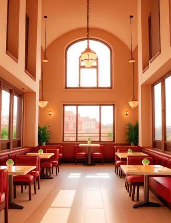 Interior of a restaurant with red tables and chairs, 3d renderの素材